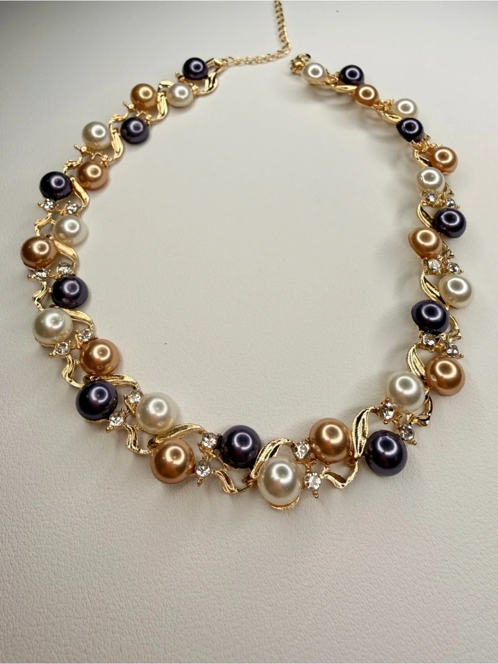 Gold Collar Necklace with Black, White and Champagne Pearls